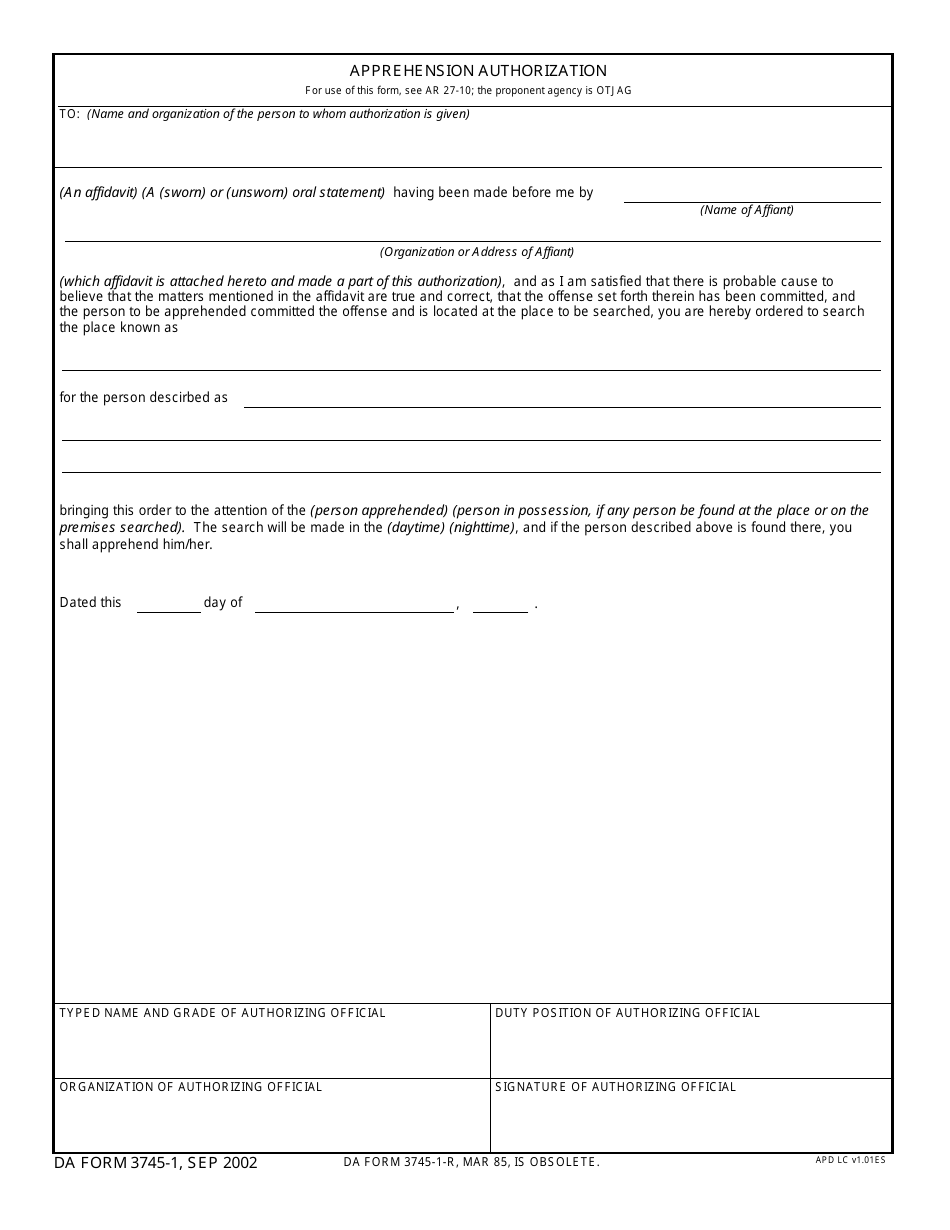 DA Form 3745-1 Apprehension Authorization, Page 1