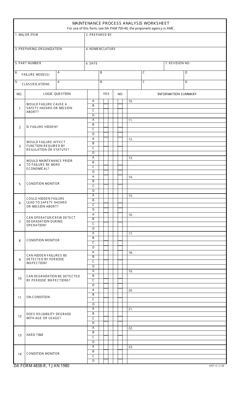 DA Form 4838-R Maintenance Process Analysis Worksheet, Page 1
