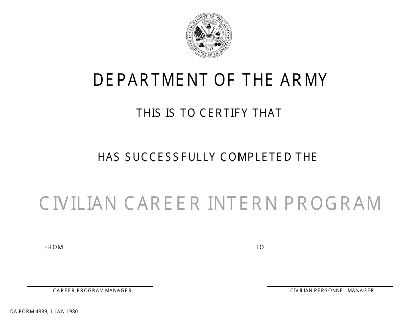DA Form 4839 Civilian Career Intern Program Certification of Completion