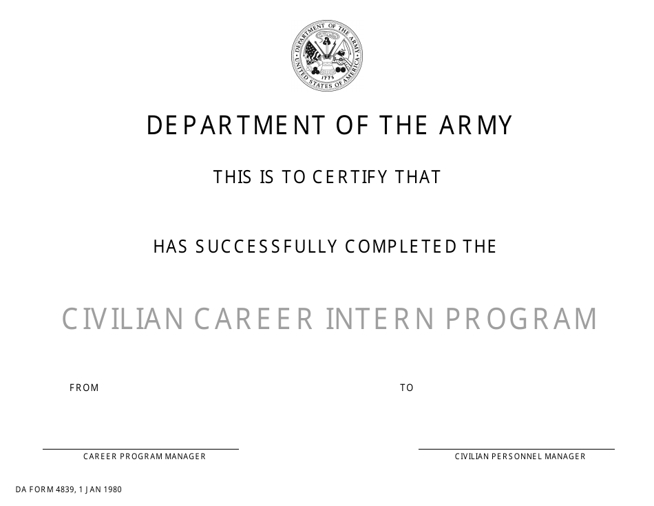 DA Form 4839 Civilian Career Intern Program Certification of Completion, Page 1