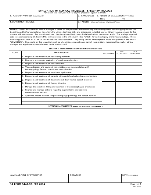 DA Form 5441-37 Evaluation of Clinical Privileges - Speech Pathology