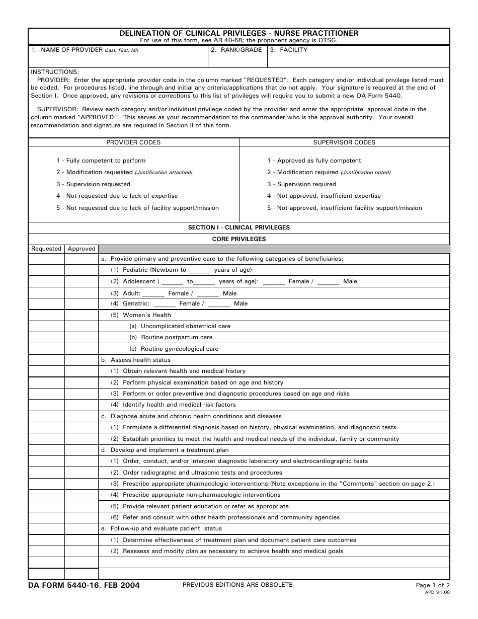 DA Form 5440-16 Delineation of Clinical Privileges - Nurse Practitioner, Page 1