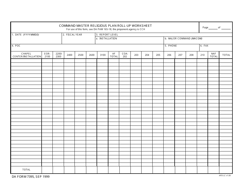 DA Form 7395 Command Master Religious Plan Roll-Up Worksheet, Page 1