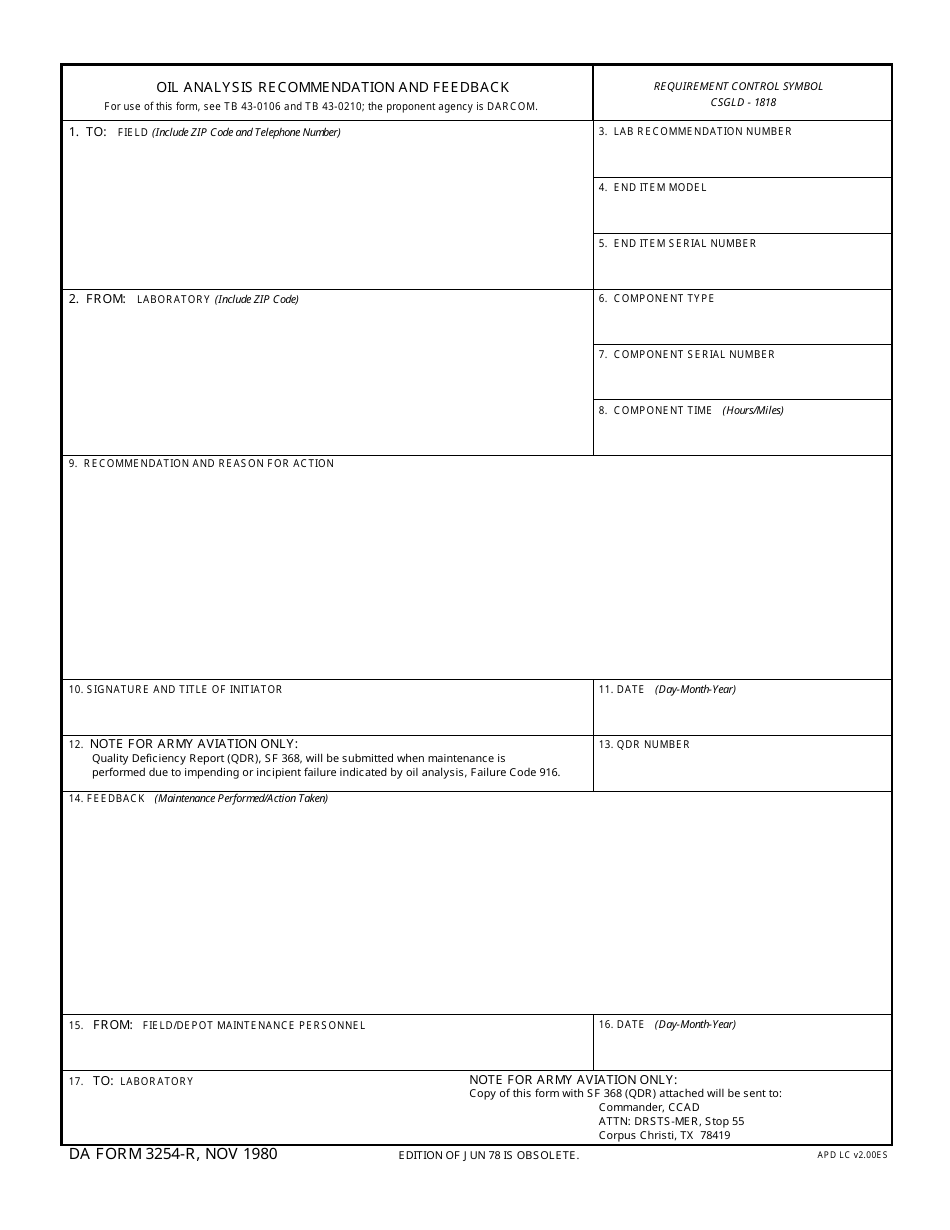 DA Form 3254-R Oil Analysis Recommendation and Feedback, Page 1