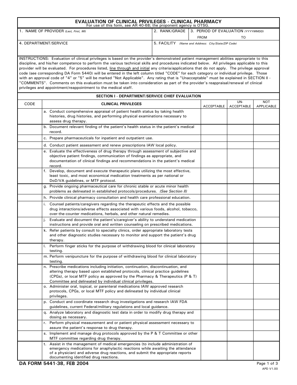 DA Form 5441-38 Evaluation of Clinical Privileges - Clinical Pharmacy, Page 1
