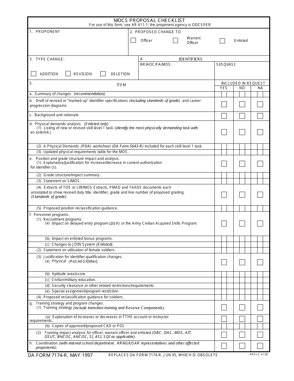 DA Form 7174 Mocs Proposal Checklist, Page 1