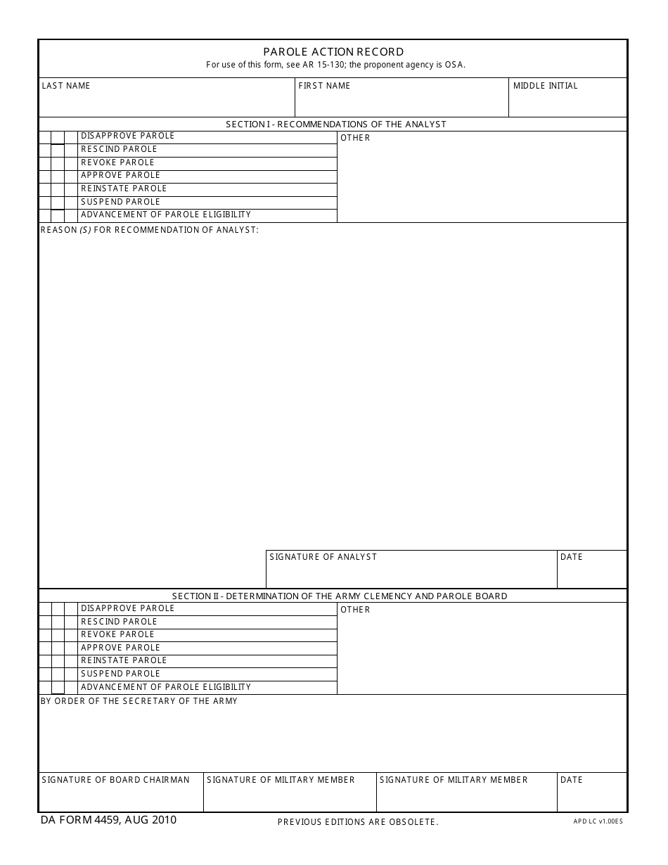 DA Form 4459 Parole Action Record, Page 1