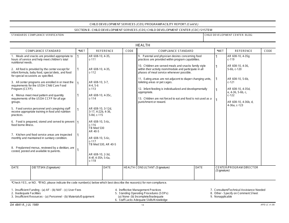 DA Form 4841-R Child Development Services (Cds) Program / Facility Report, Page 13