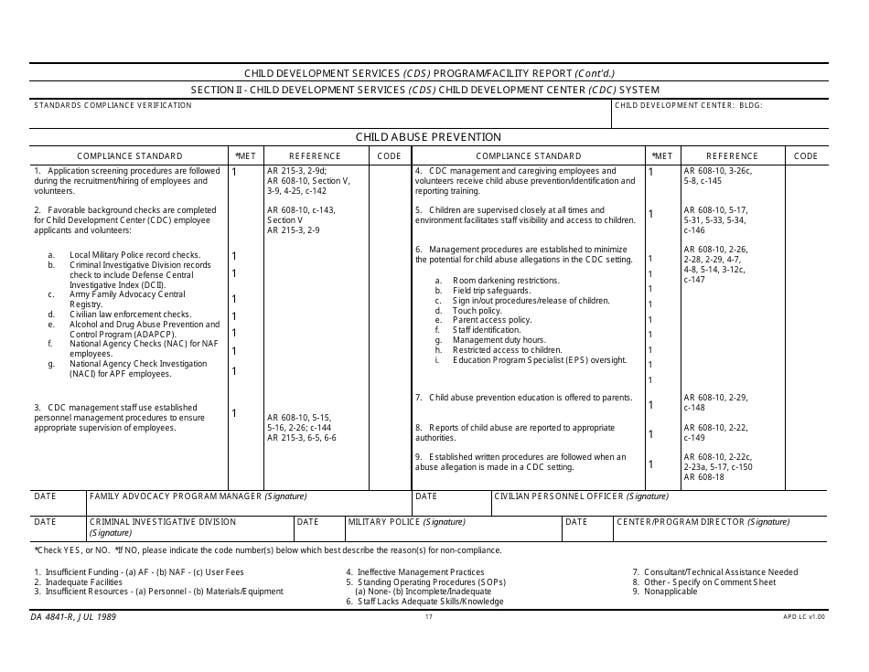 DA Form 4841-R Child Development Services (Cds) Program / Facility Report, Page 17