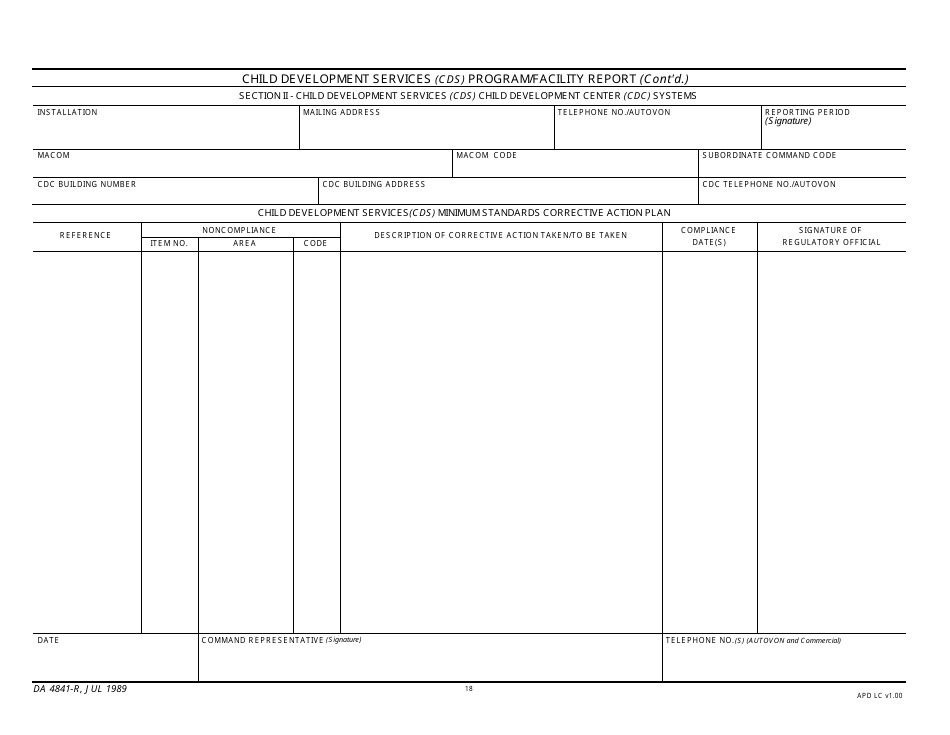 DA Form 4841-R Child Development Services (Cds) Program / Facility Report, Page 18