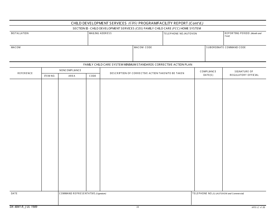 DA Form 4841-R Child Development Services (Cds) Program / Facility Report, Page 23