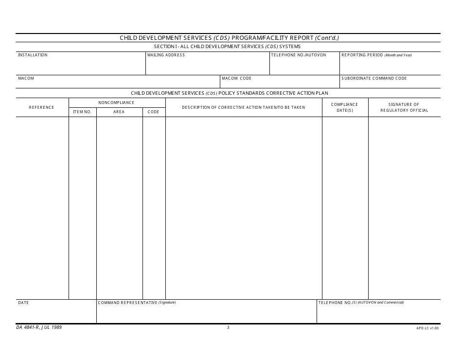 DA Form 4841-R Child Development Services (Cds) Program / Facility Report, Page 3