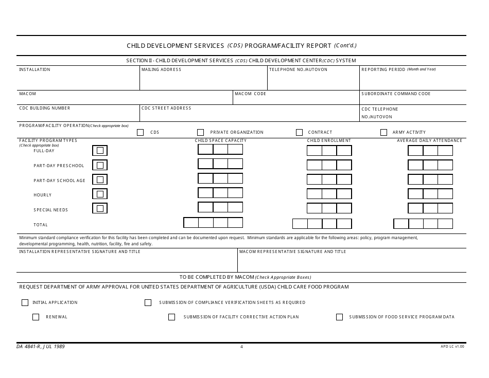 DA Form 4841-R Child Development Services (Cds) Program / Facility Report, Page 4