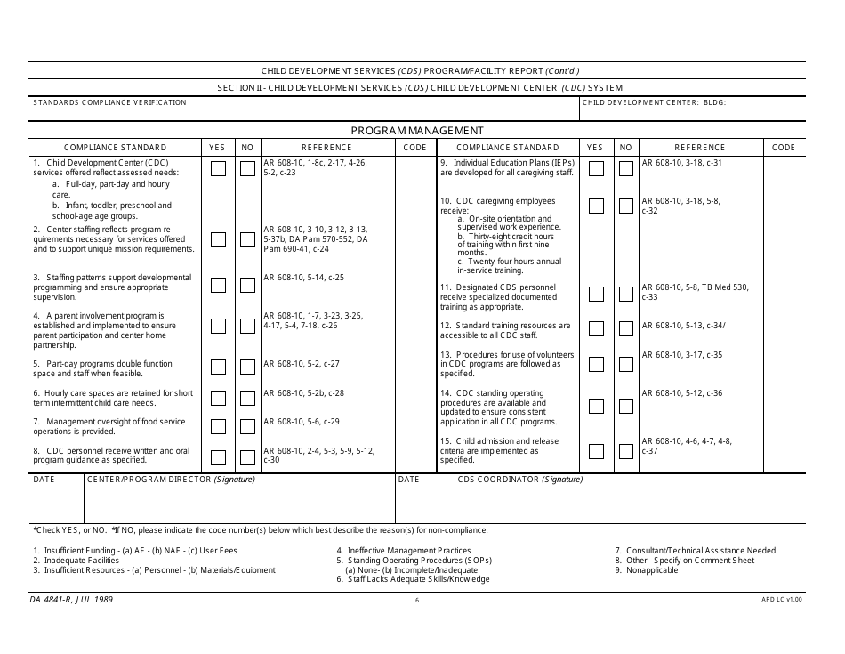 DA Form 4841-R Child Development Services (Cds) Program / Facility Report, Page 6
