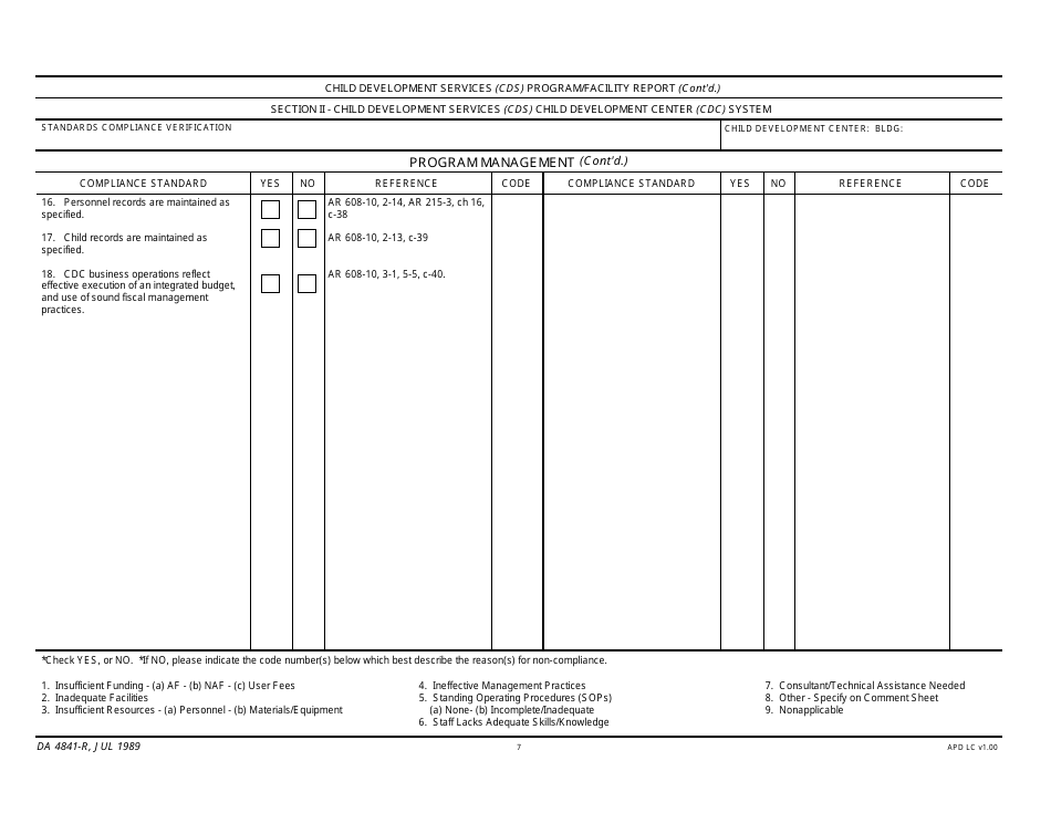 DA Form 4841-R Child Development Services (Cds) Program / Facility Report, Page 7