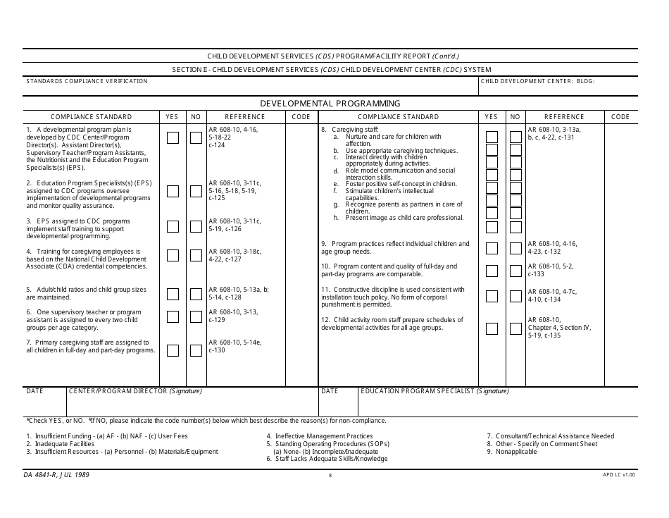 DA Form 4841-R Child Development Services (Cds) Program / Facility Report, Page 8