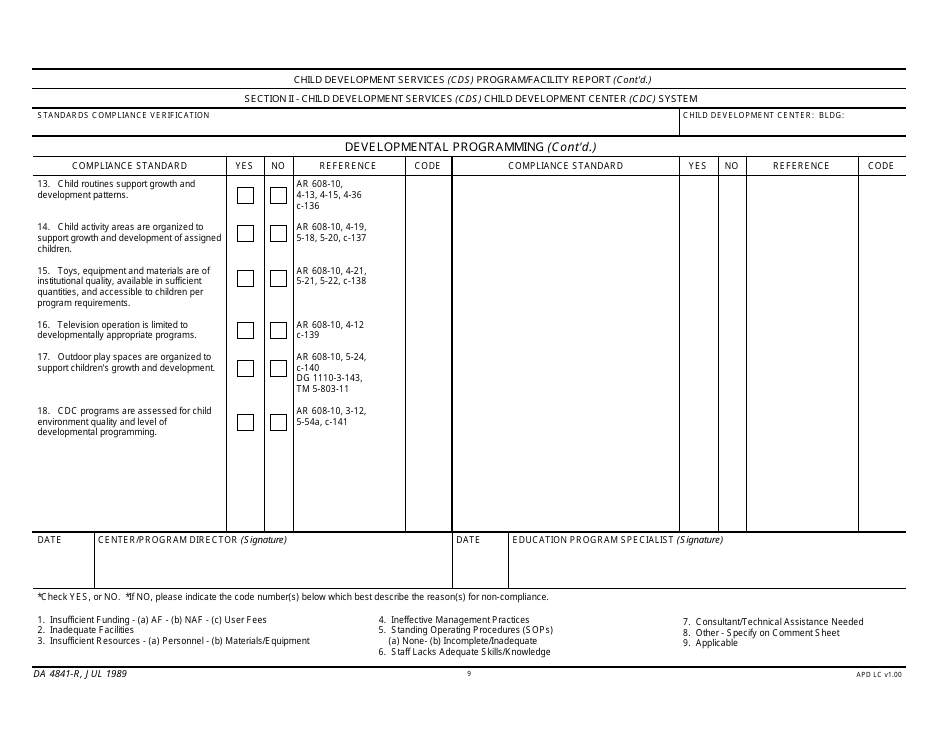 DA Form 4841-R Child Development Services (Cds) Program / Facility Report, Page 9