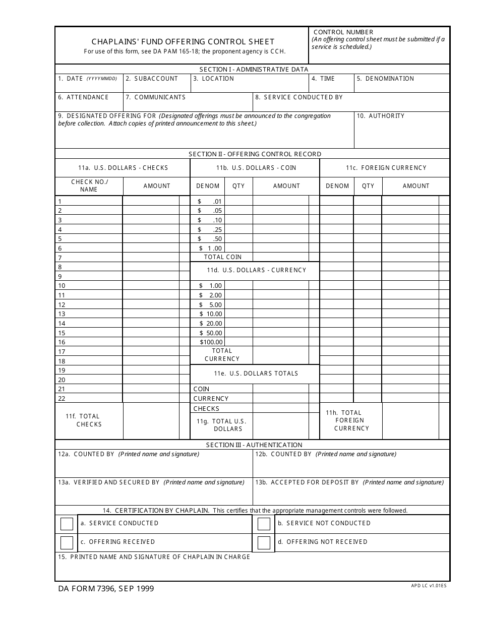 DA Form 7396 Chaplains Fund Offering Control Sheet, Page 1