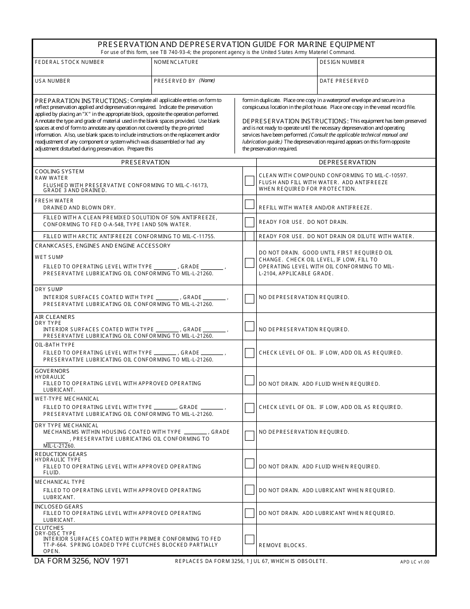 DA Form 3256 Preservation and Depreservation Guide for Marine Equipment, Page 1