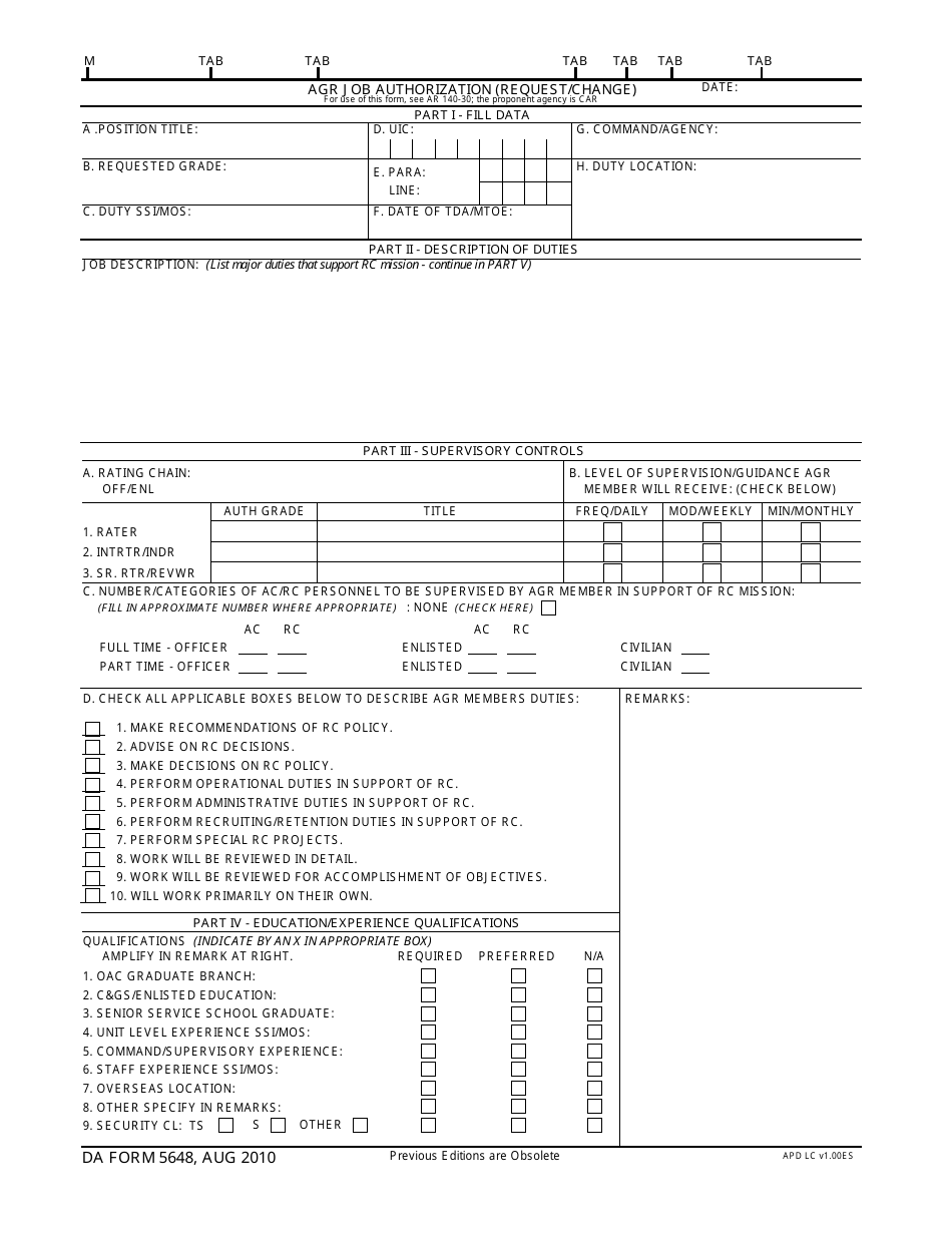 DA Form 5648 Agr Job Authorization (Request / Change), Page 1