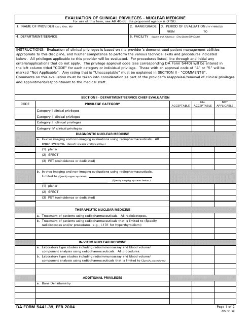 DA Form 5441-39 Evaluation of Clinical Privileges - Nuclear Medicine