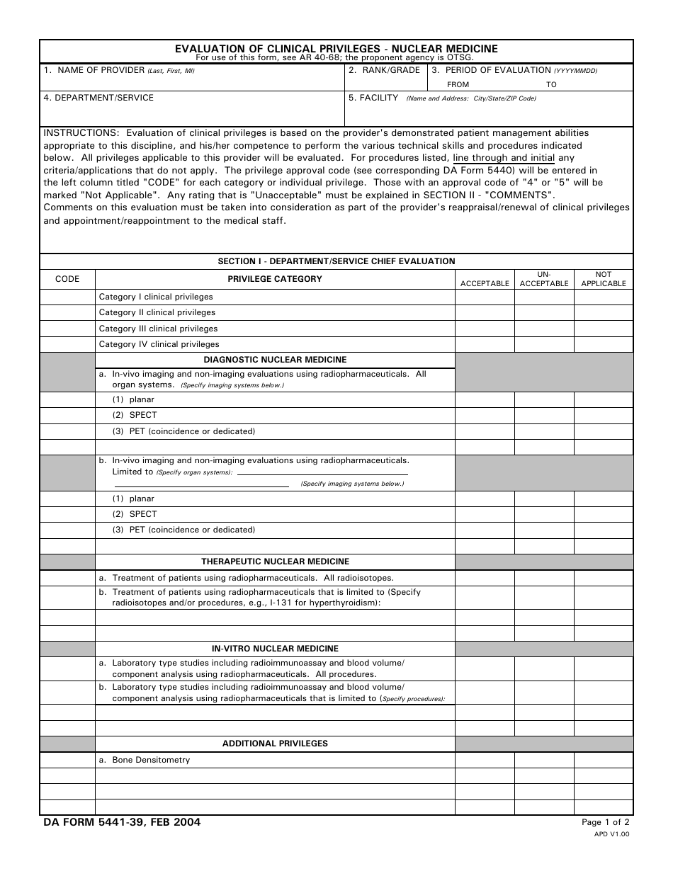 DA Form 5441-39 Evaluation of Clinical Privileges - Nuclear Medicine, Page 1