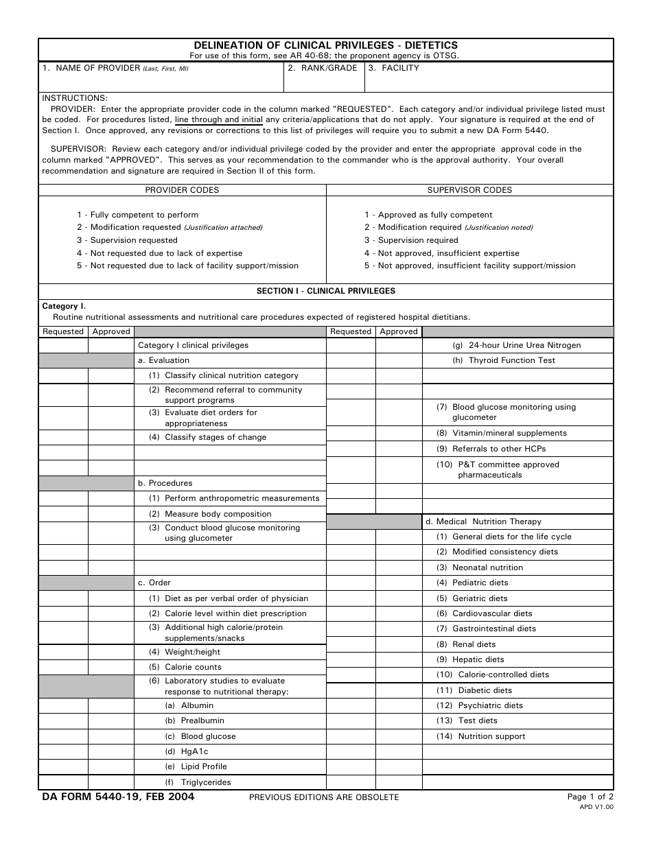 DA Form 5440-19 Delineation of Clinical Privileges - Dietetics, Page 1