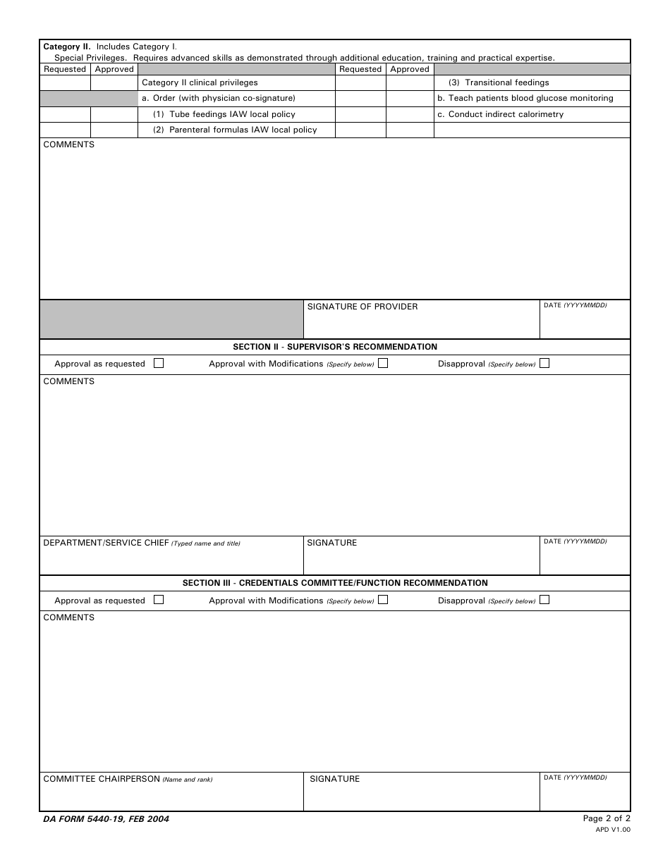 DA Form 5440-19 Delineation of Clinical Privileges - Dietetics, Page 2