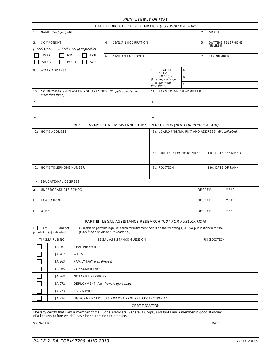 DA Form 7206 - Fill Out, Sign Online And Download Fillable PDF ...