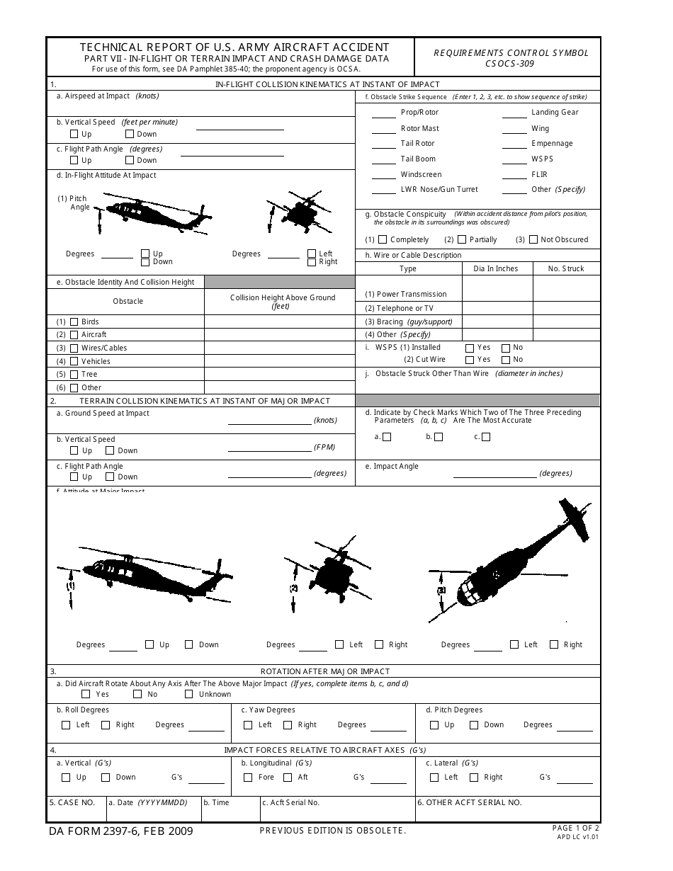 DA Form 2397-6 Technical Report of U.S. Army Aircraft Accident, Part VII - In-Flight or Terrain Impact and Crash Damage Data, Page 1
