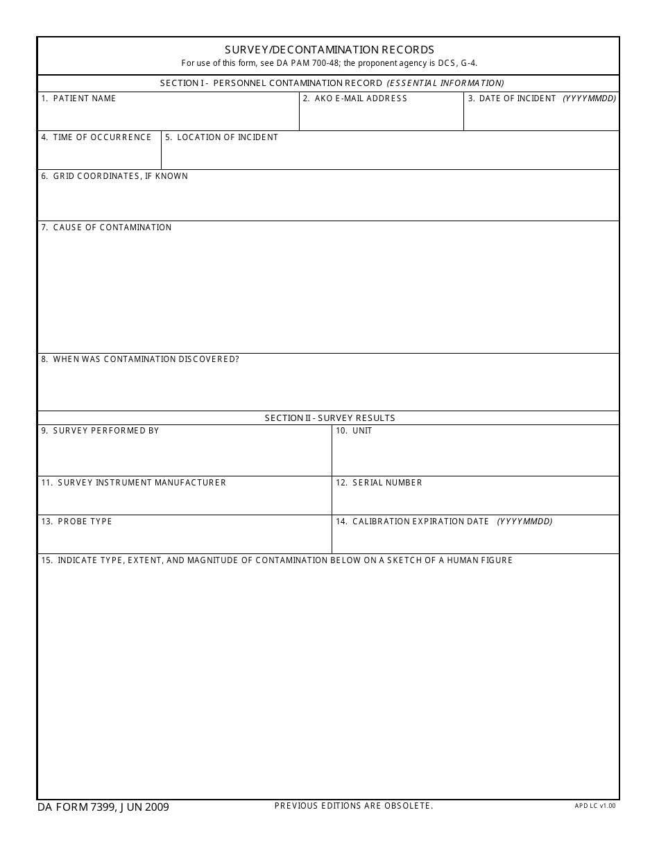 DA Form 7399 Survey / Decontamination Records, Page 1