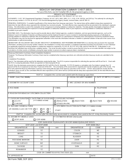 DA Form 7689  Printable Pdf