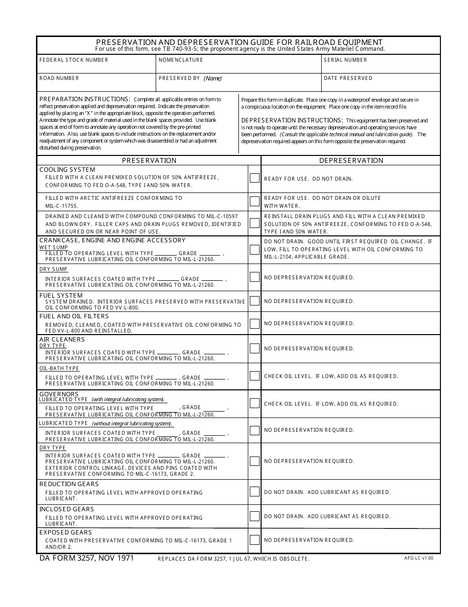 DA Form 3257 Preservation and Depreservation Guide for Railroad Equipment, Page 1