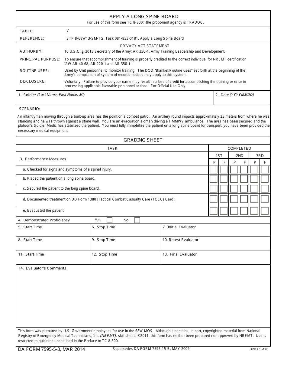 DA Form 7595-5-8 Apply a Long Spine Board, Page 1