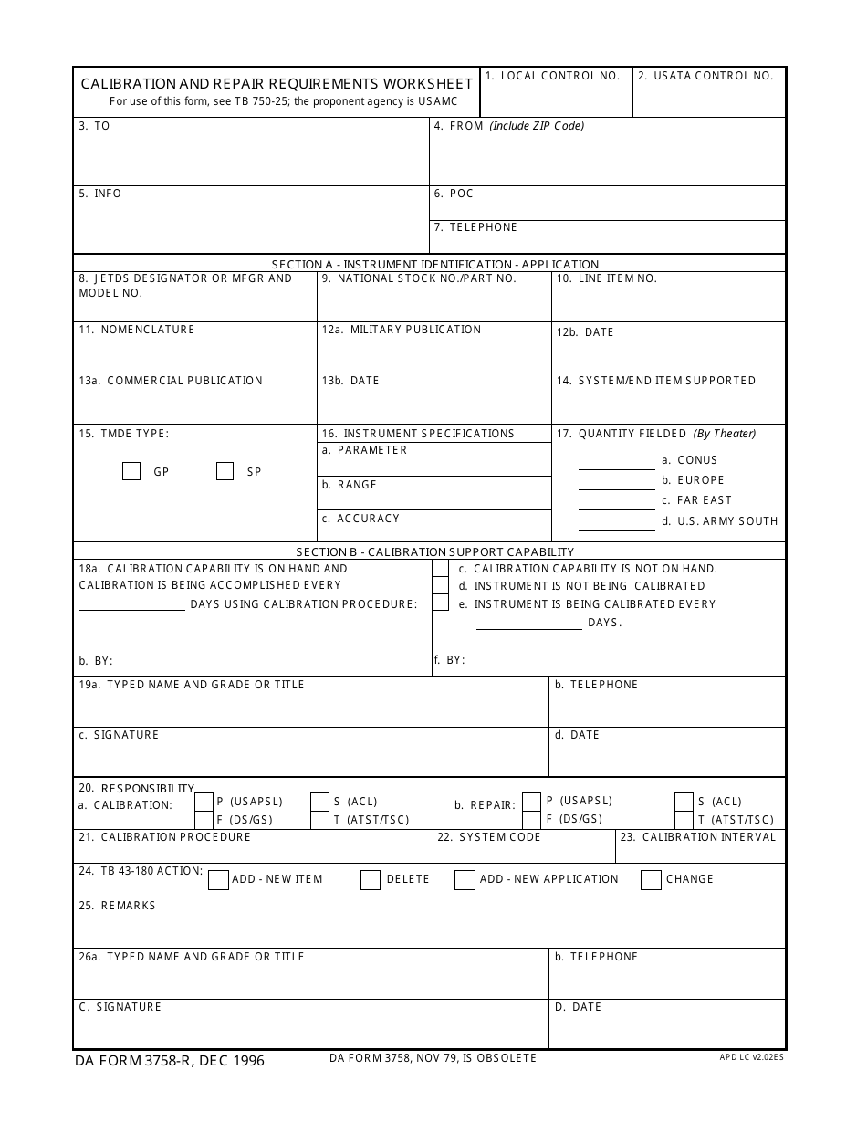 DA Form 3758-R Calibration and Repair Requirements Worksheet, Page 1