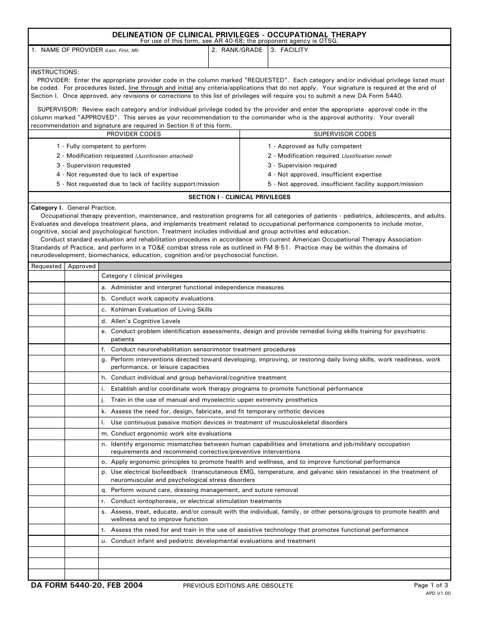 DA Form 5440-20 Delineation of Clinical Privileges - Occupational Therapy, Page 1