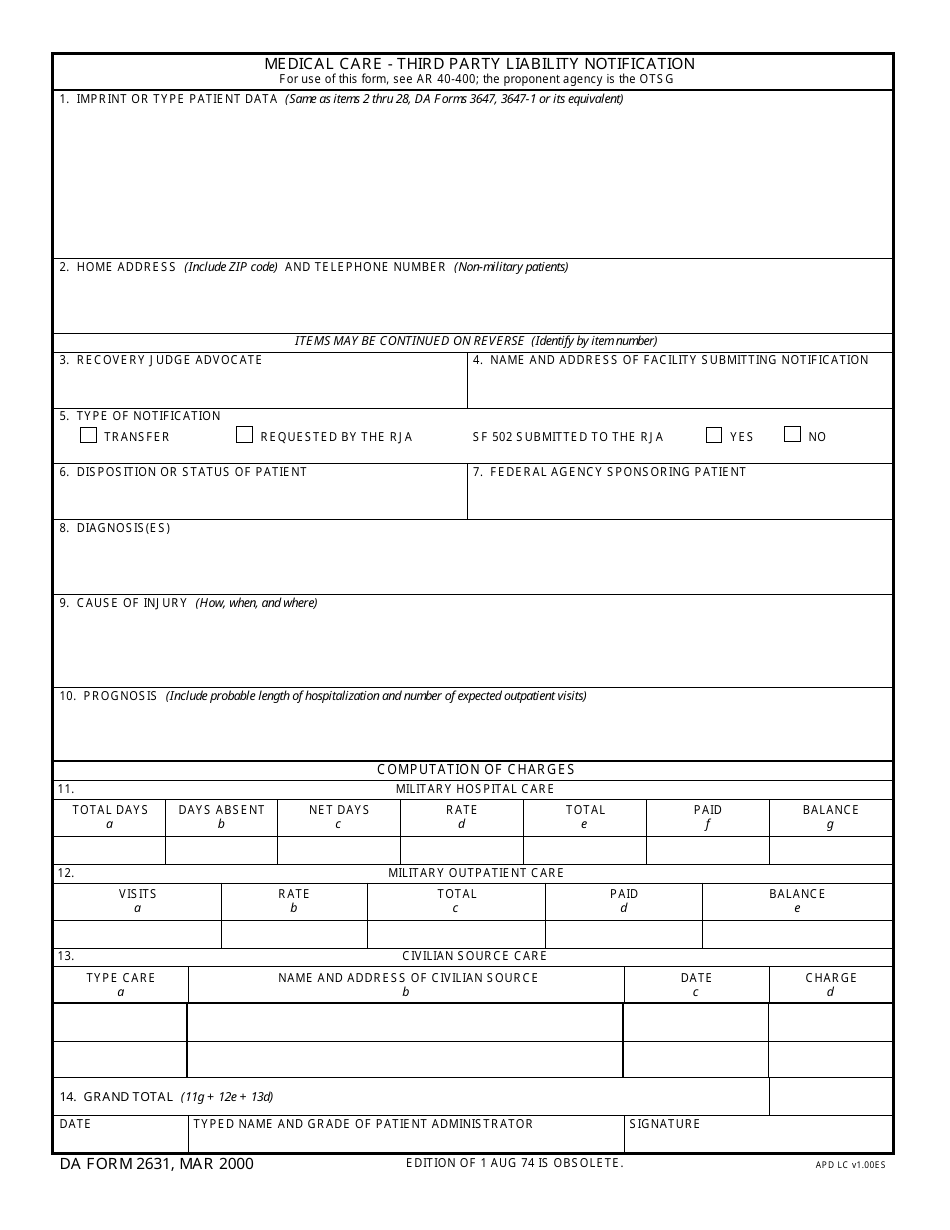 DA Form 2631 Medical Care - Third Party Liability Notification, Page 1