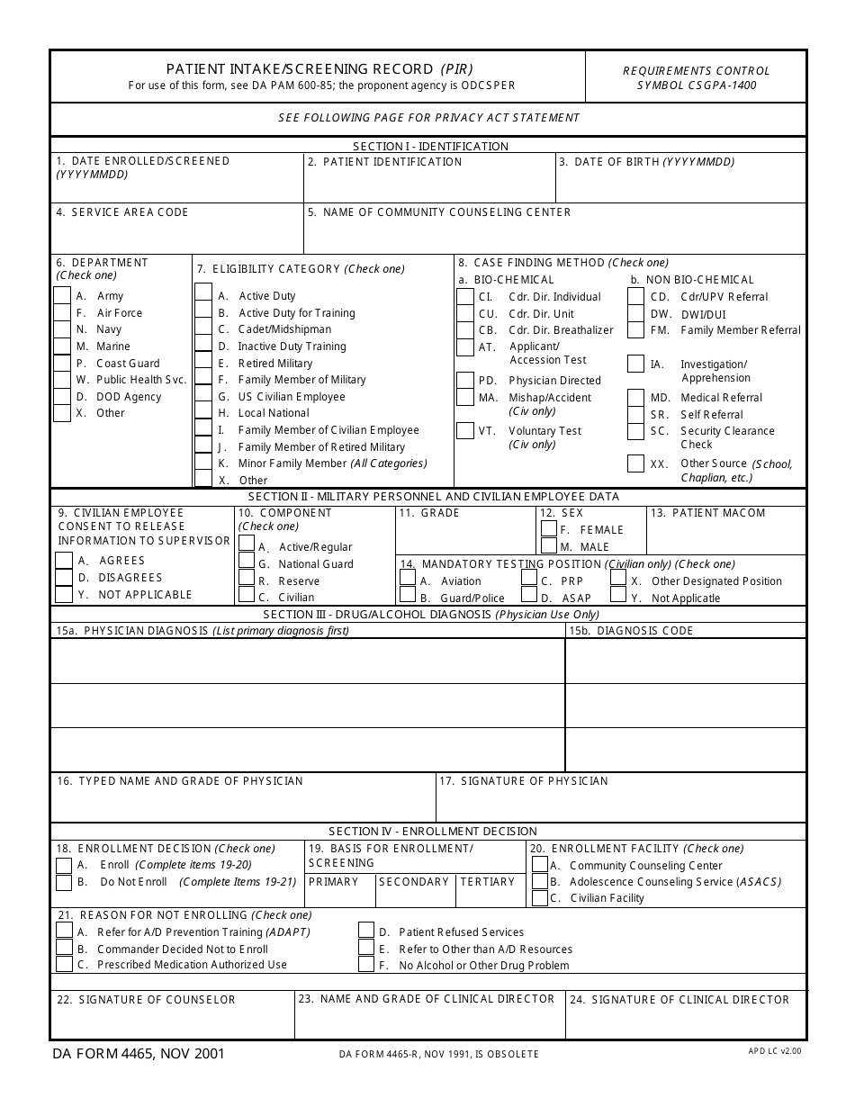 DA Form 4465 Patient Intake / Screening Record (Pir), Page 1