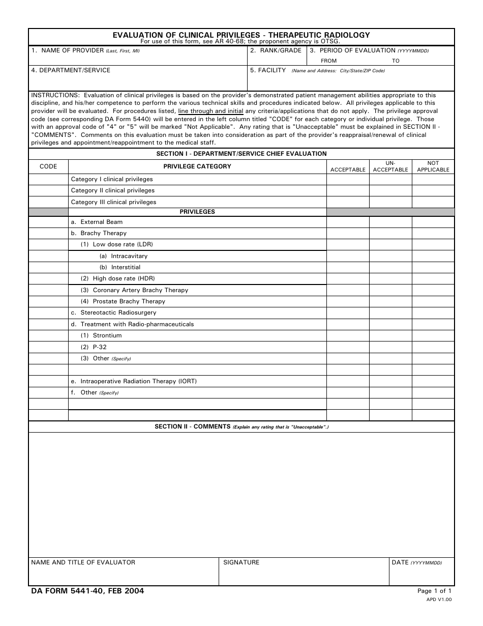 DA Form 5441-40 Evaluation of Clinical Privileges - Therapeutic Radiology, Page 1