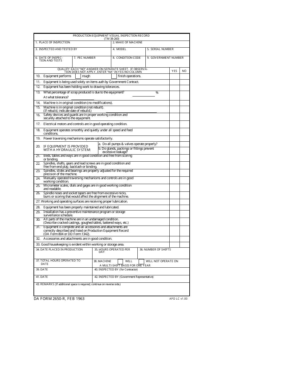 DA Form 2650-R Production Equipment Visual Inspection Record, Page 1