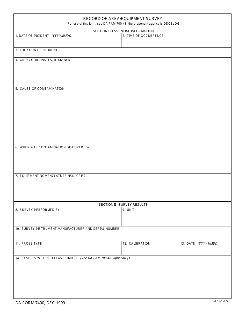 DA Form 7400 Record of Area / Equipment Survey, Page 1