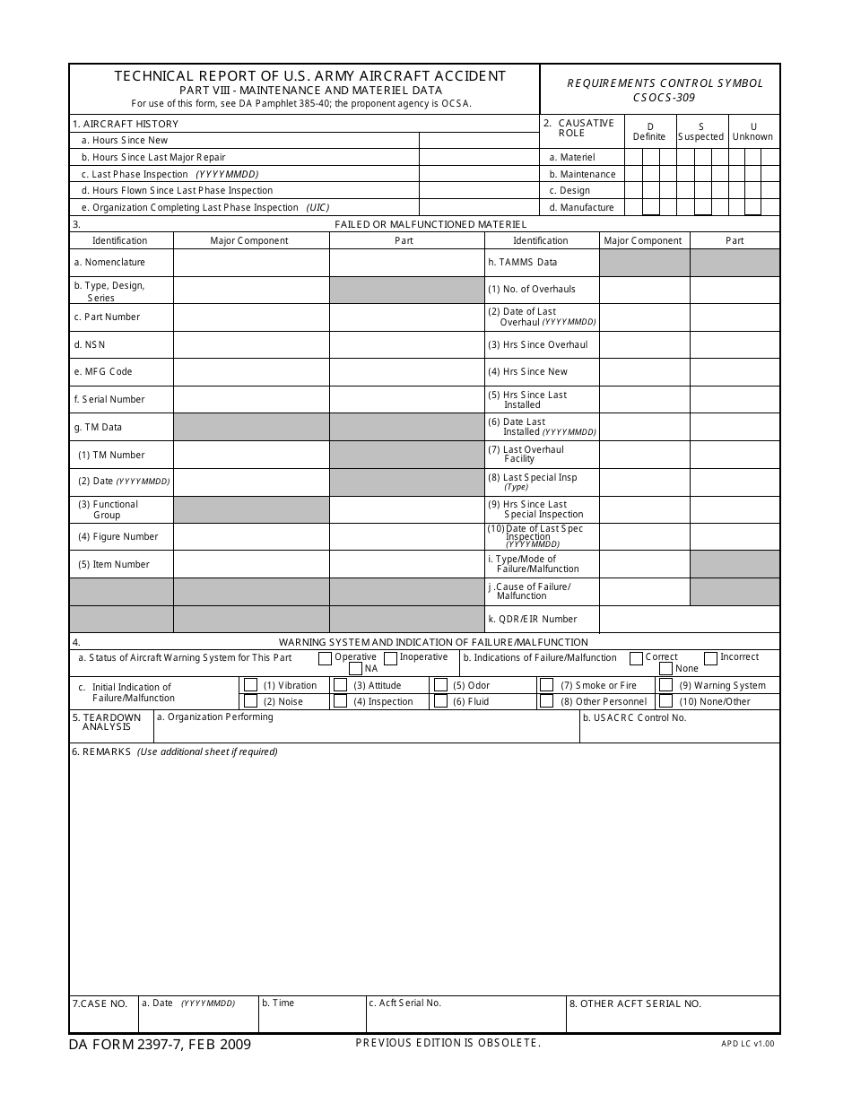 DA Form 2397-7 Technical Report of U.S. Army Aircraft Accident, Part VIII - Maintenance and Material Data, Page 1
