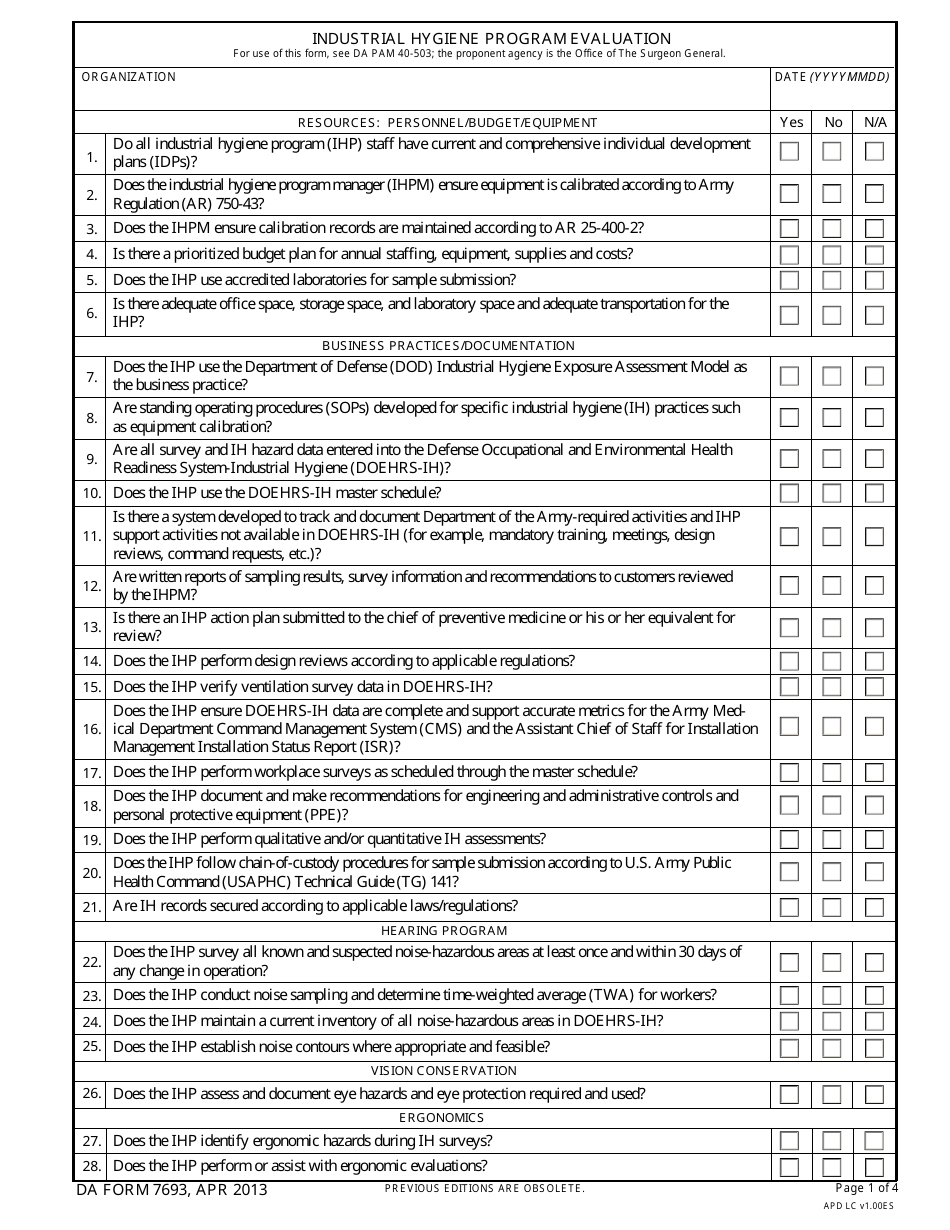 DA Form 7693 Industrial Hygiene Program Evaluation, Page 1