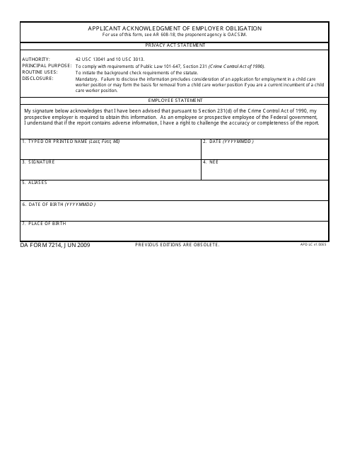 DA Form 7214 Applicant Acknowledgement of Employer Obligation