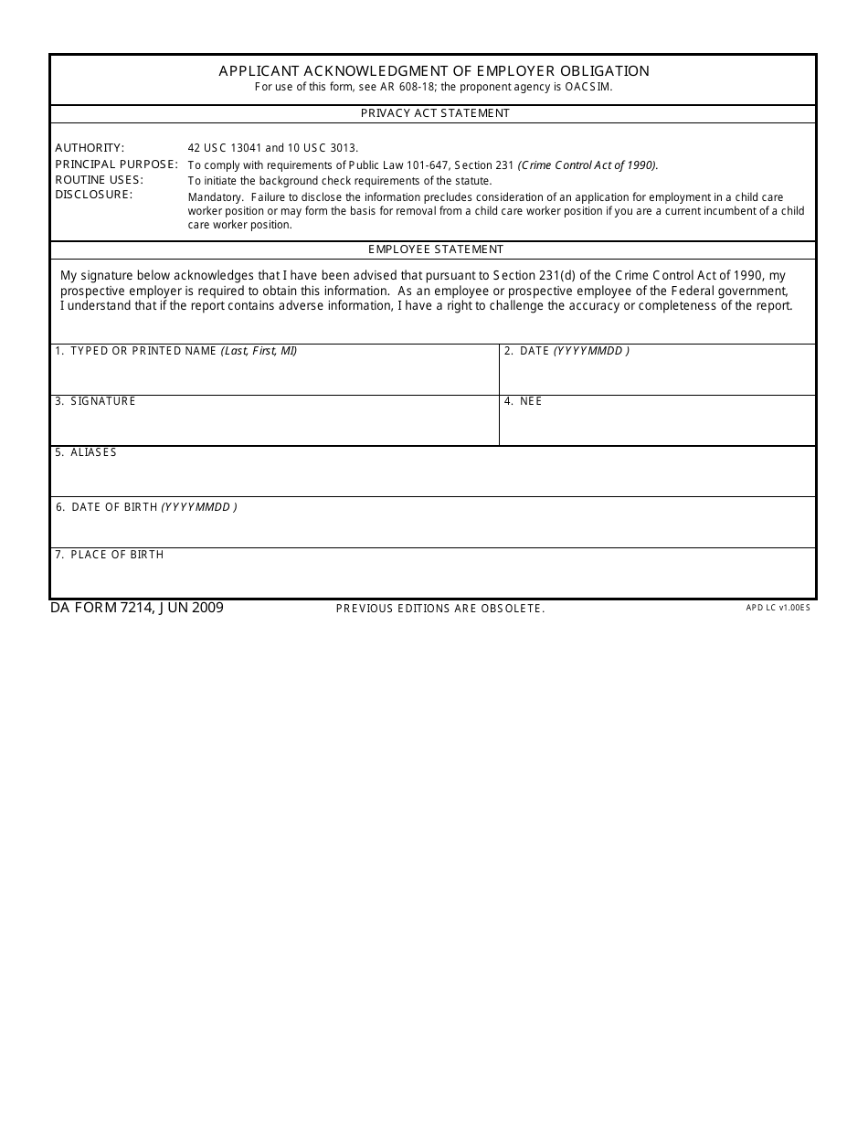 DA Form 7214 Applicant Acknowledgement of Employer Obligation, Page 1
