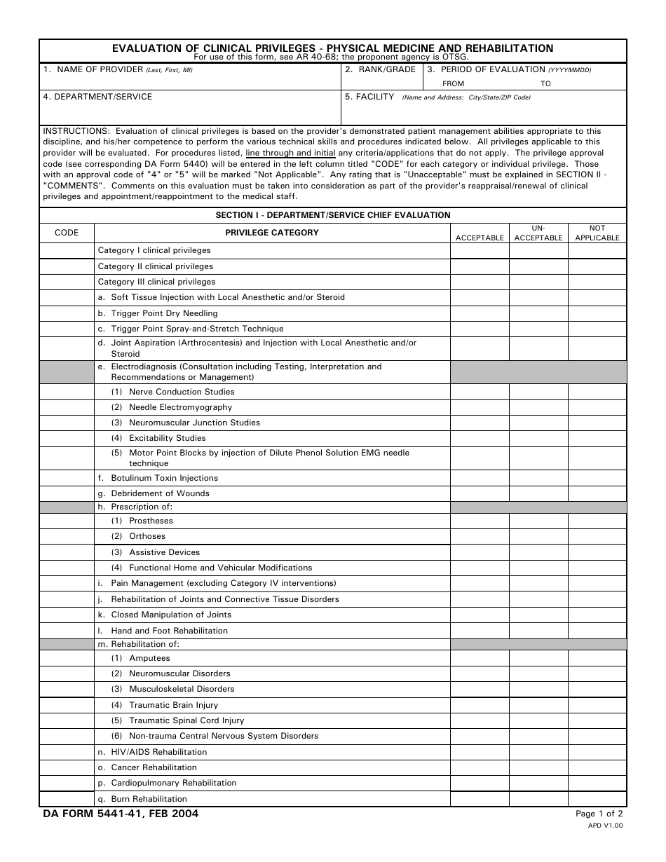 DA Form 5441-41 Evaluation of Clinical Privileges - Physical Medicine and Rehabilitation, Page 1
