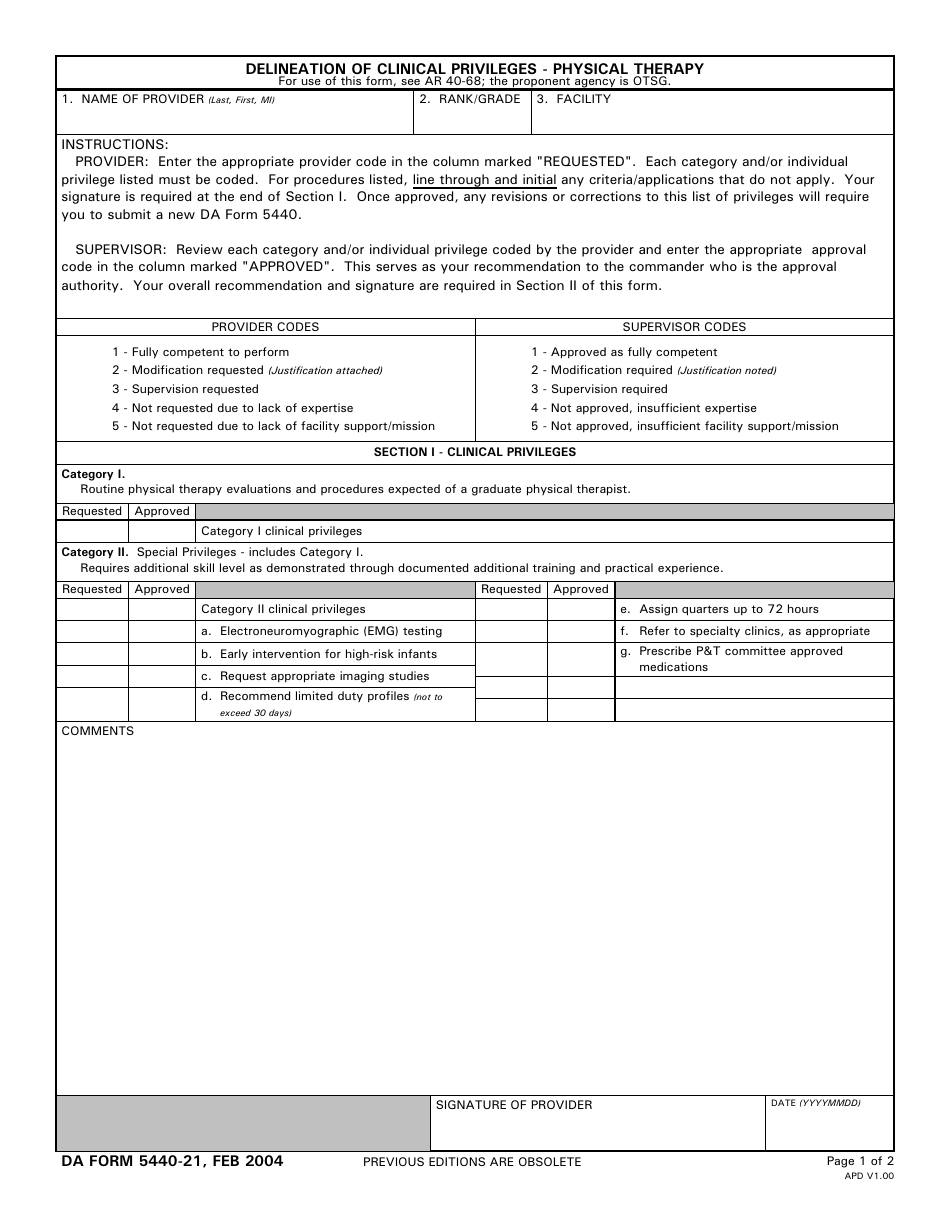 DA Form 5440-21 Delineation of Clinical Privileges - Physical Therapy, Page 1