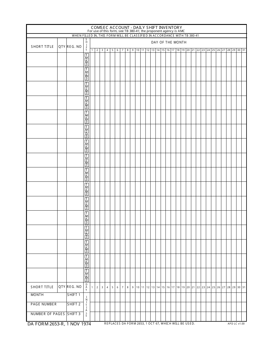 DA Form 2653-R Comsec Account - Daily Shift Inventory, Page 1
