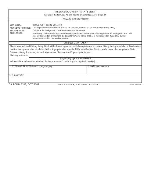 DA Form 7215 Release/Consent Statement