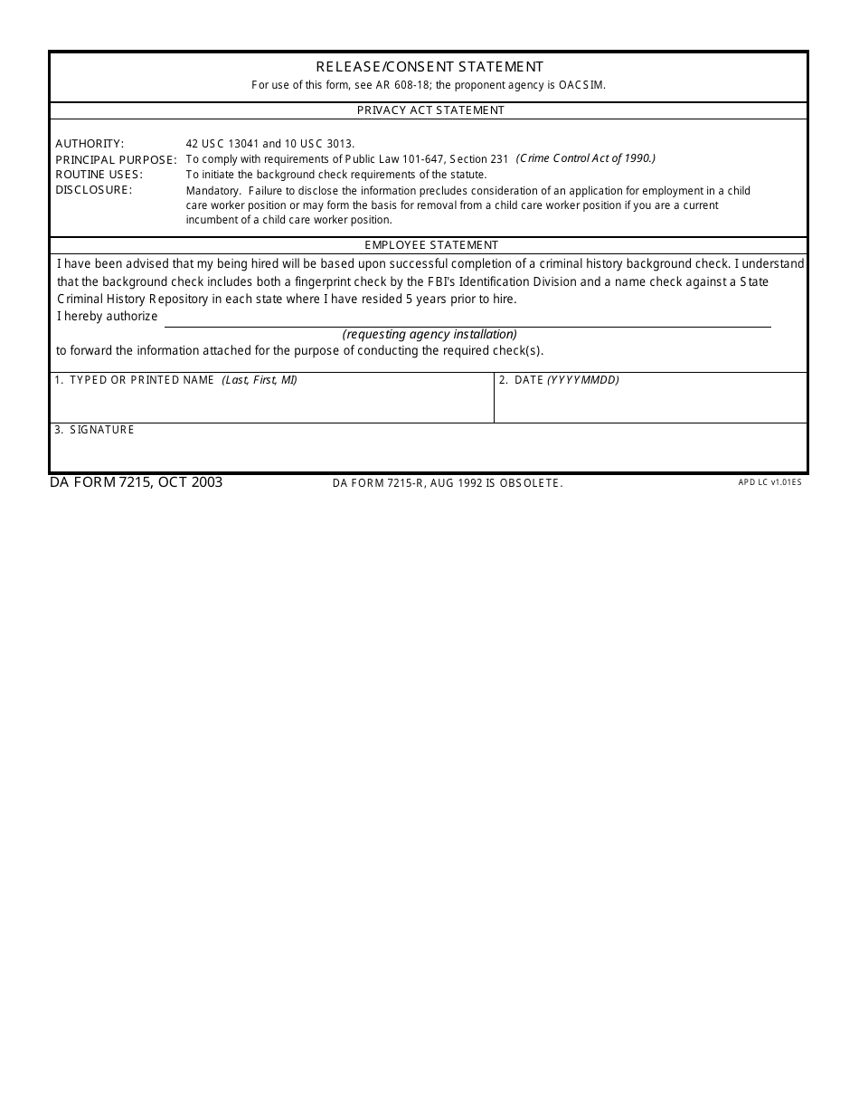 DA Form 7215 Release / Consent Statement, Page 1